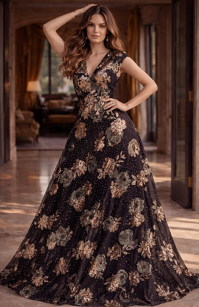 black and gold floral sequin gown with V neckline, cap sleeves and A line skirt