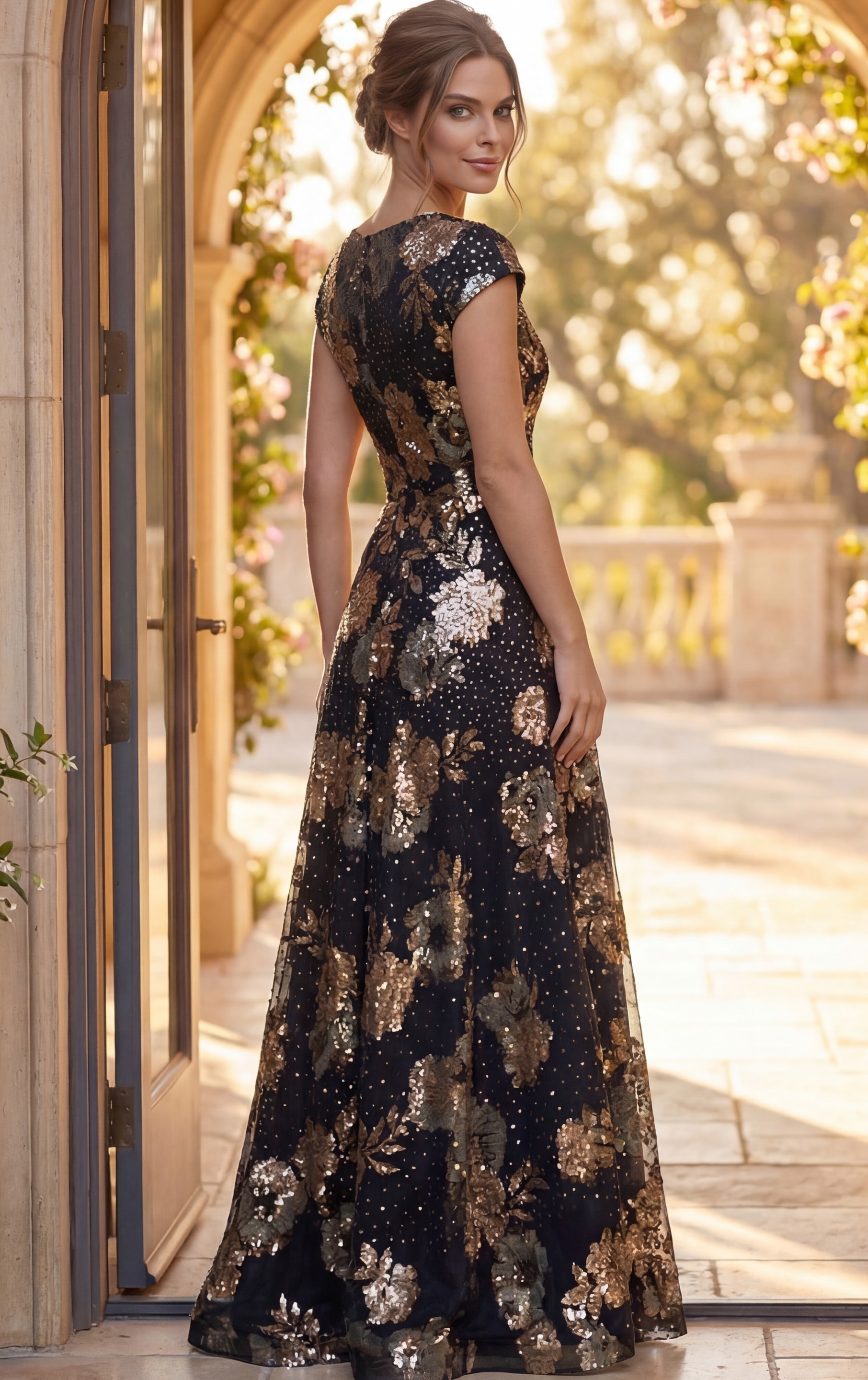 Floral Sequin Cap Sleeve A Line Gown 46493 - Image 2