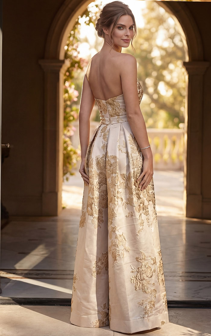 back view of ivory and gold floral brocade strapless A line gown with overskirt