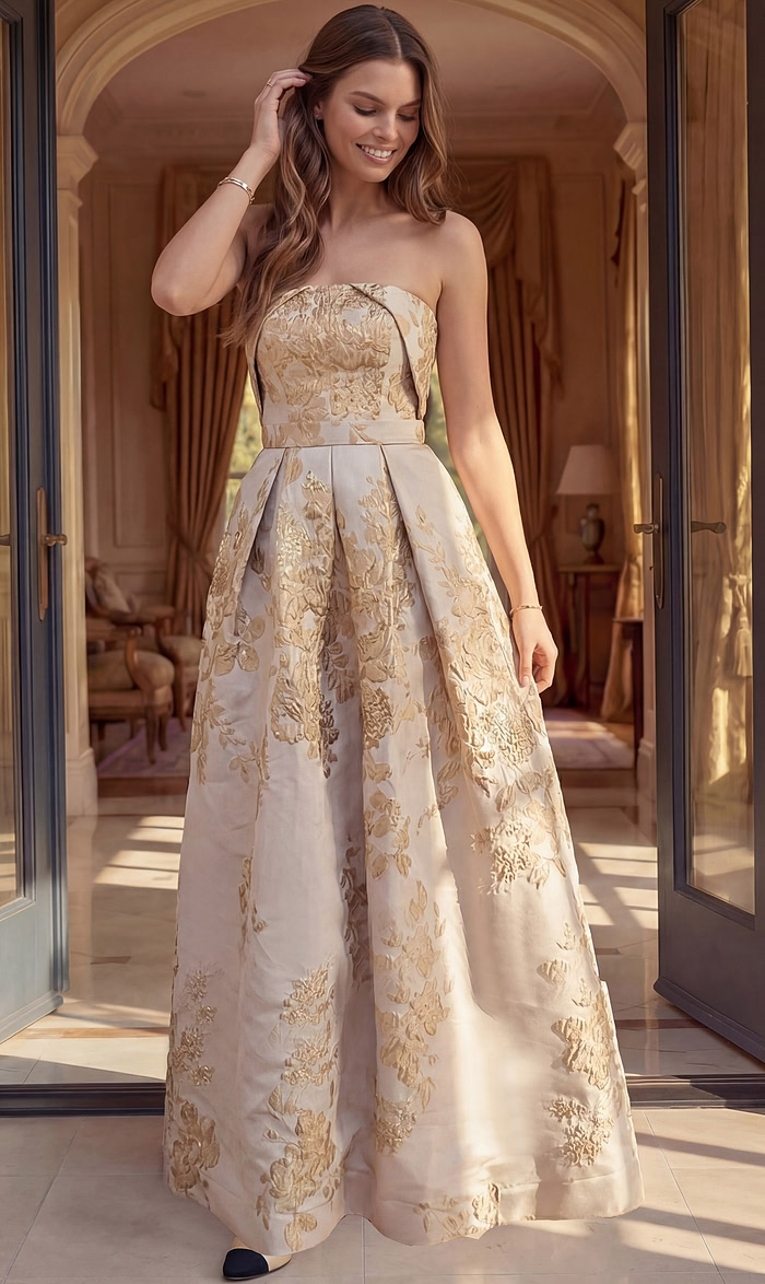 ivory and gold floral brocade strapless A line gown with overskirt
