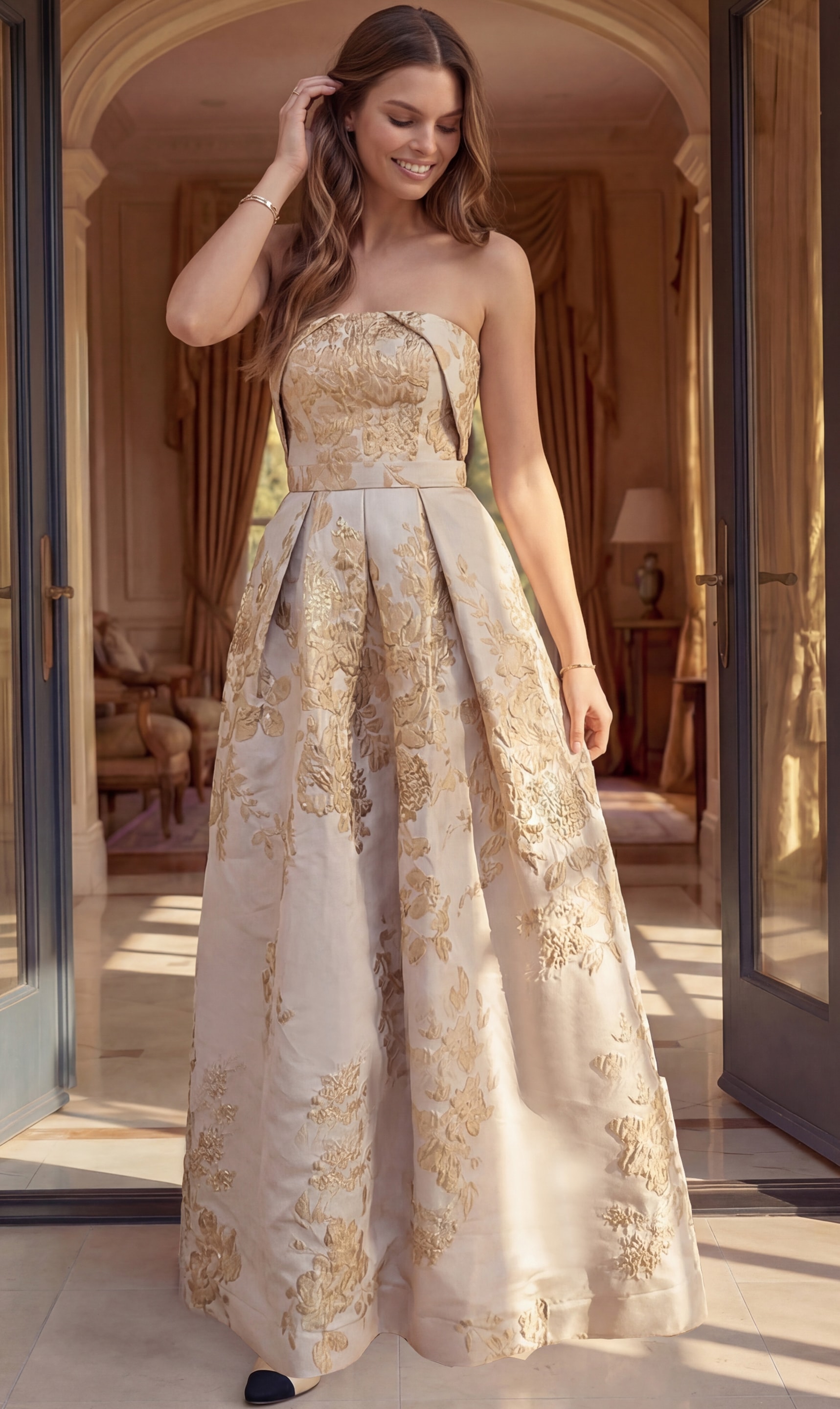ivory and gold floral brocade strapless A line gown with overskirt