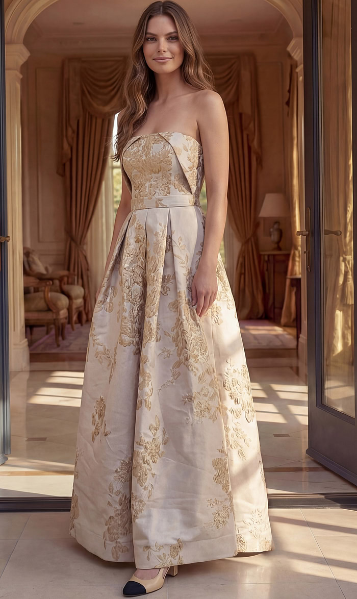 ivory and gold floral brocade strapless A line gown with overskirt