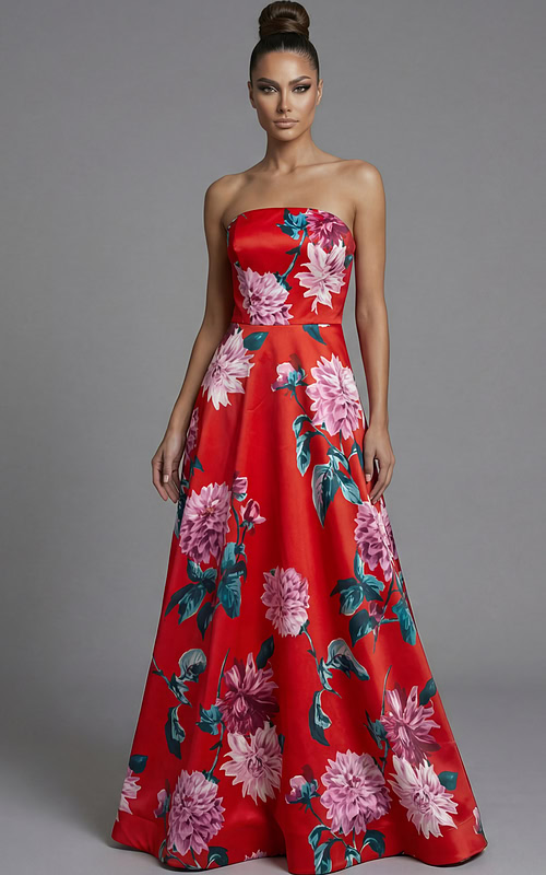 Strapless floral evening gown with fitted bodice and flowing A line skirt