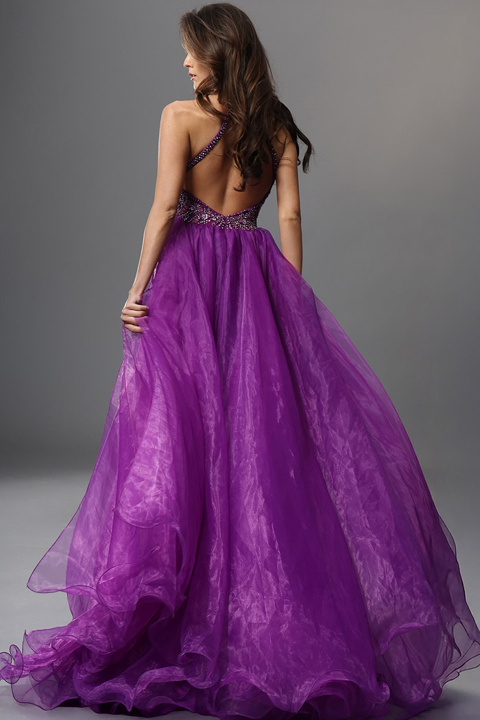 purple sheath long dress with v neck halter beaded slit overskirt