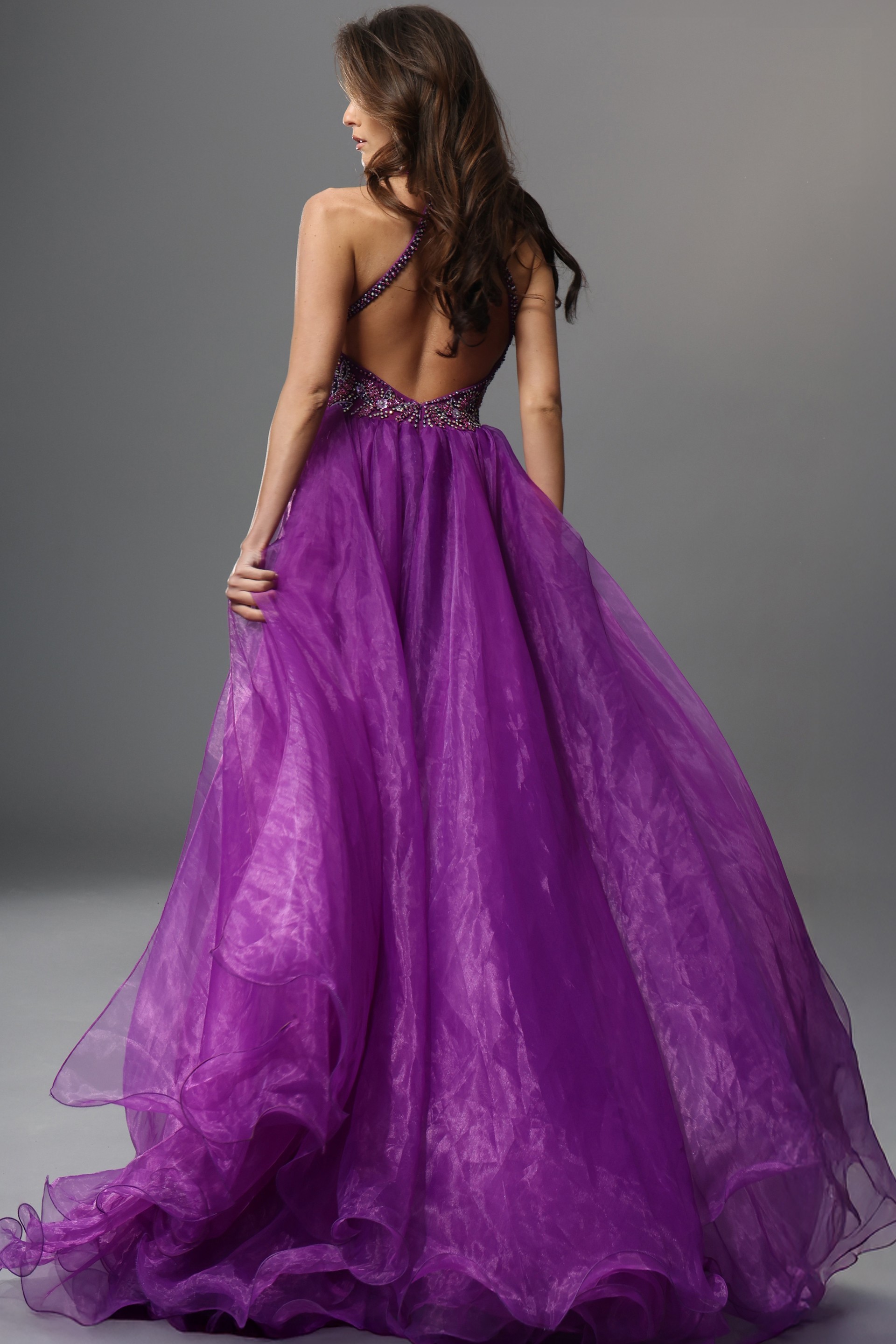 purple sheath long dress with v neck halter beaded slit overskirt