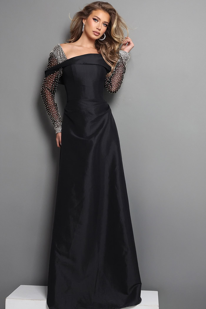 black a line long dress with off shoulder long sleeve beaded