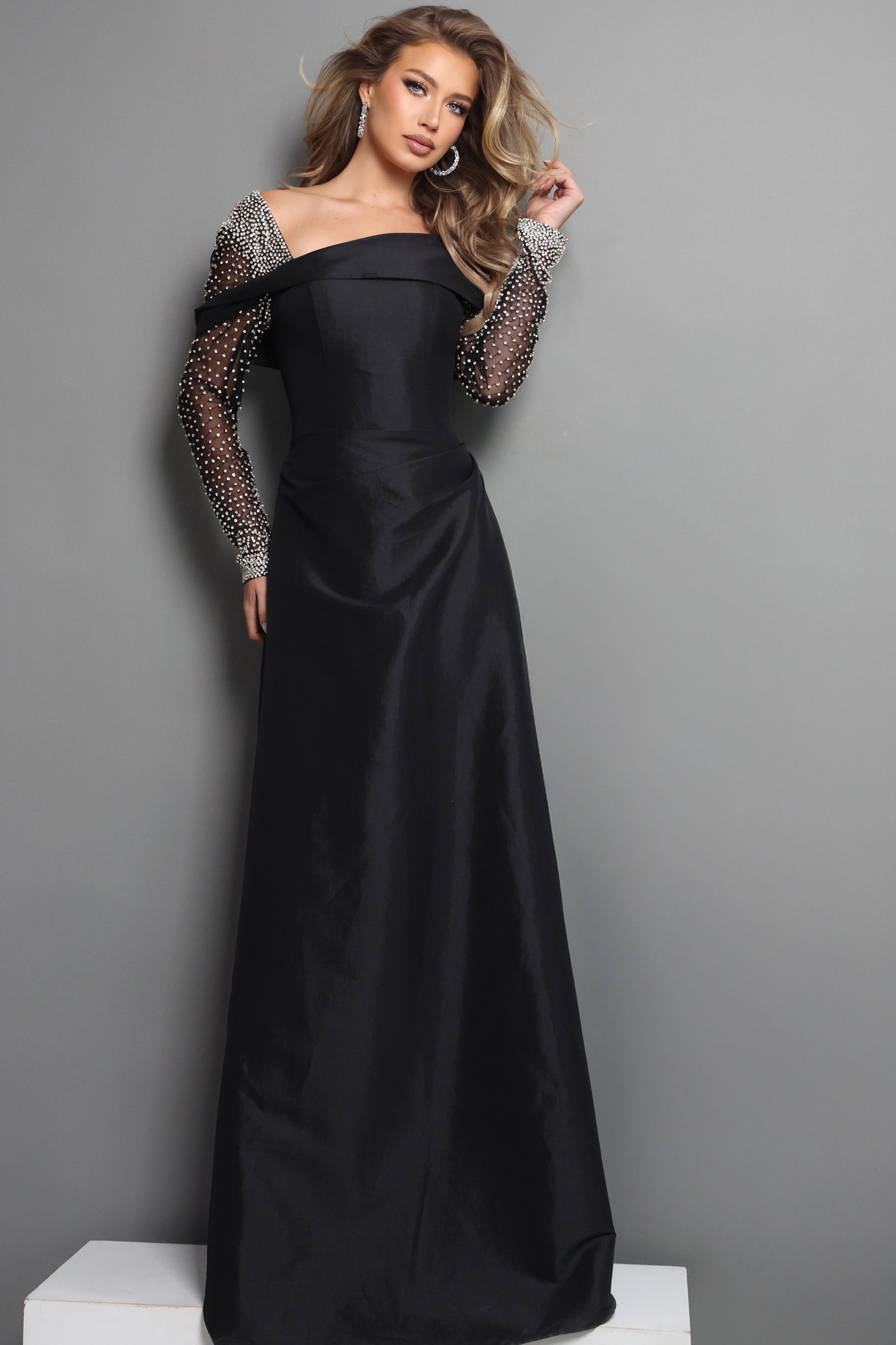 black a line long dress with off shoulder long sleeve beaded