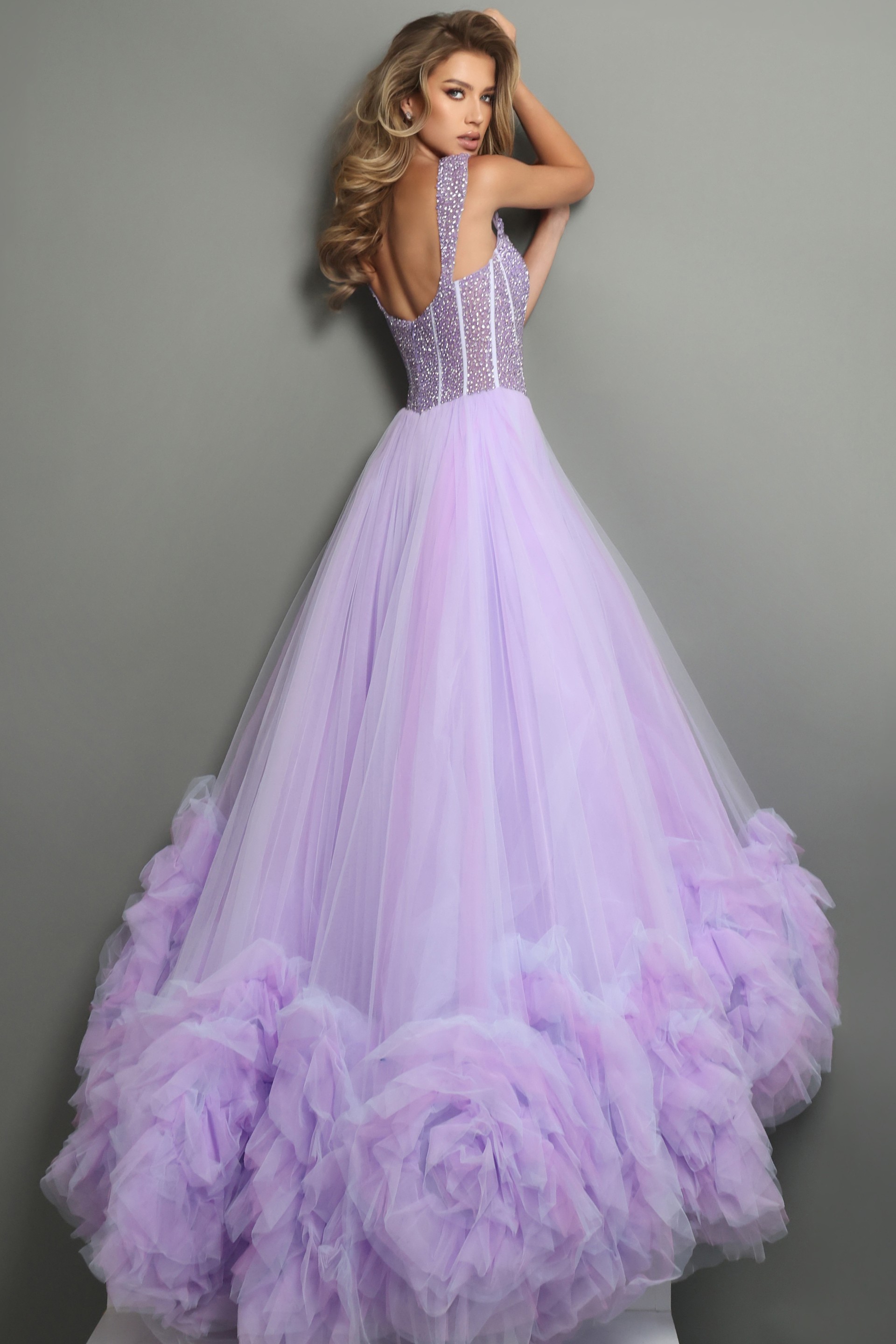 lilac purple ball gown long dress with beaded bodice sweetheart ruffled tulle high slit