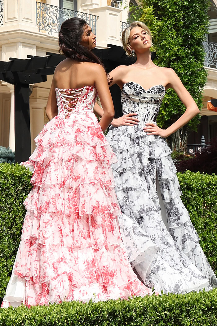 strapless floral ball gown with ruffled skirt - three quarter view, corseted ruffled floral