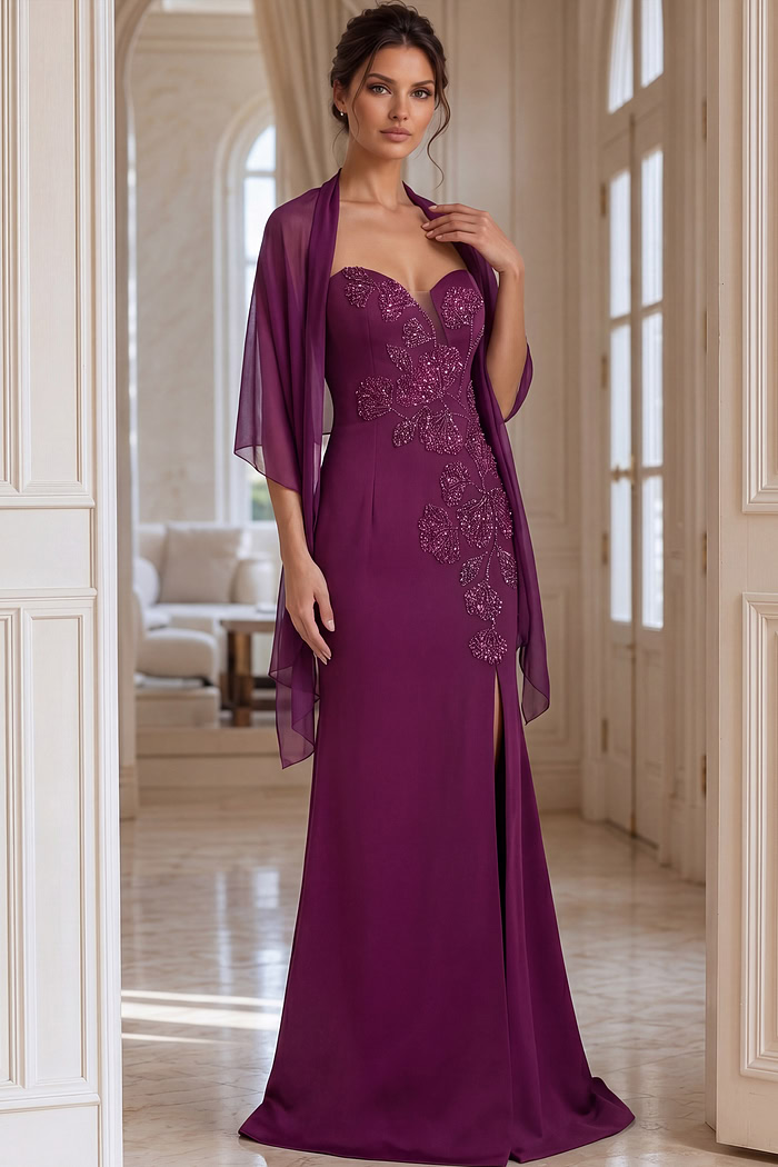 strapless sweetheart neck high slit beaded dress 47155