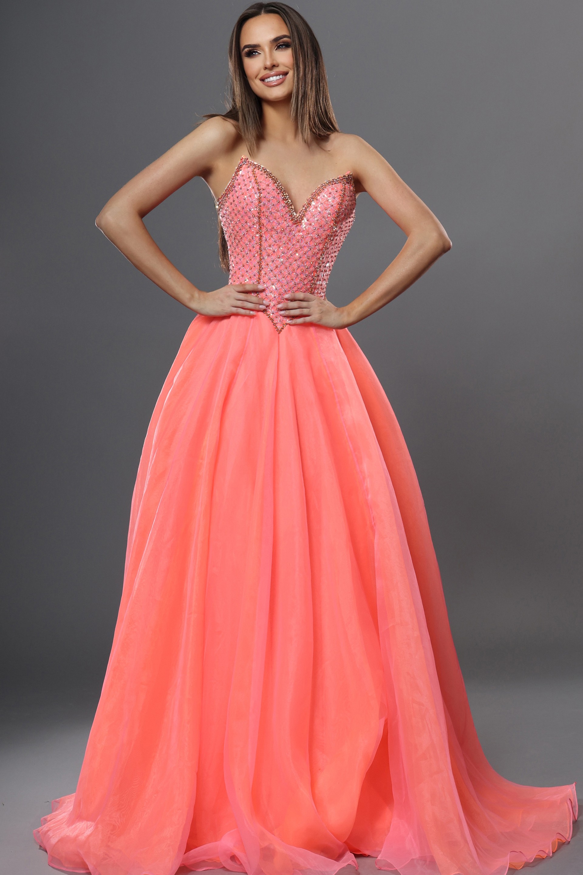 strapless beaded corset ball gown with tulle skirt