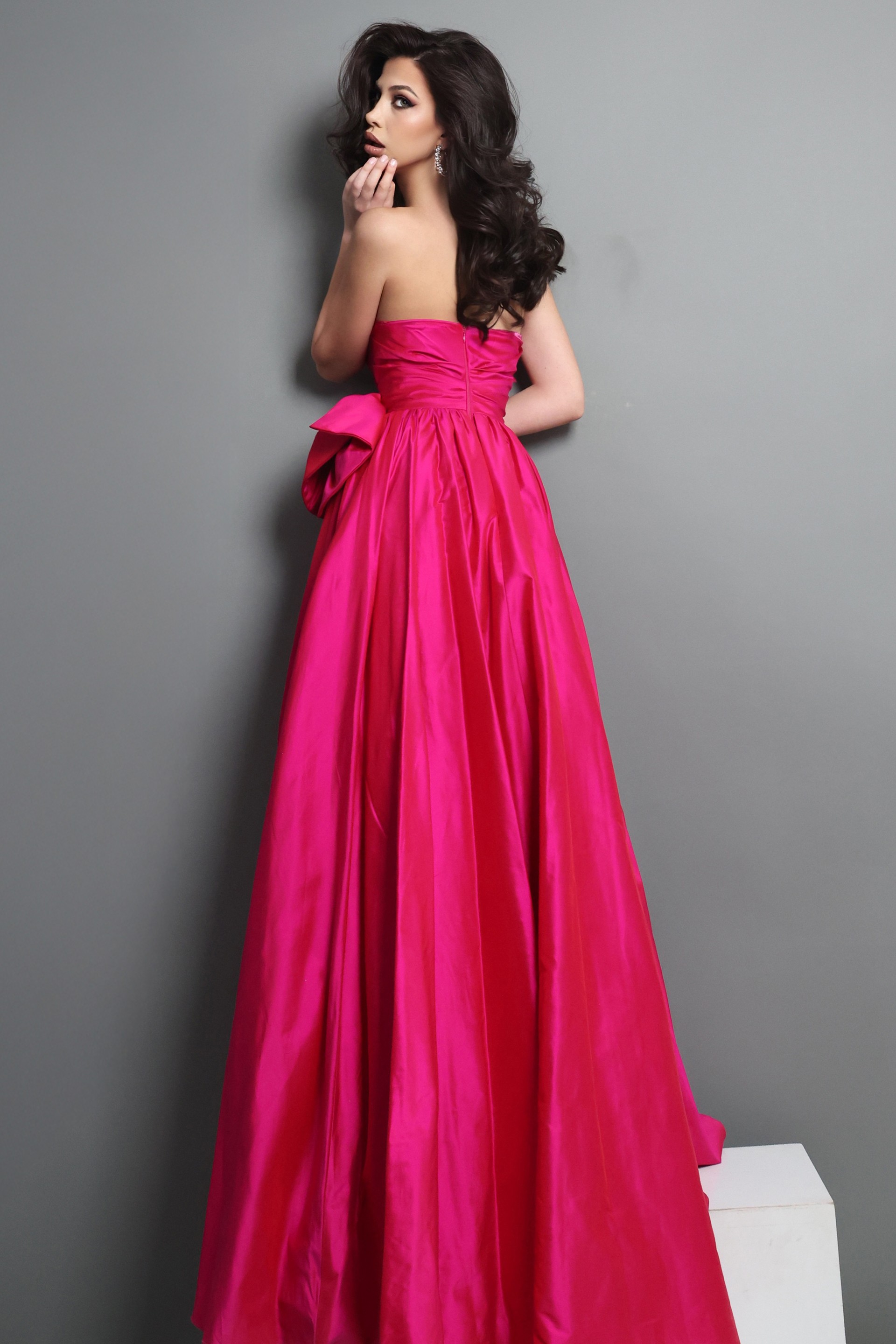 hot pink fit and flare long dress with strapless sweetheart sequin slit bow