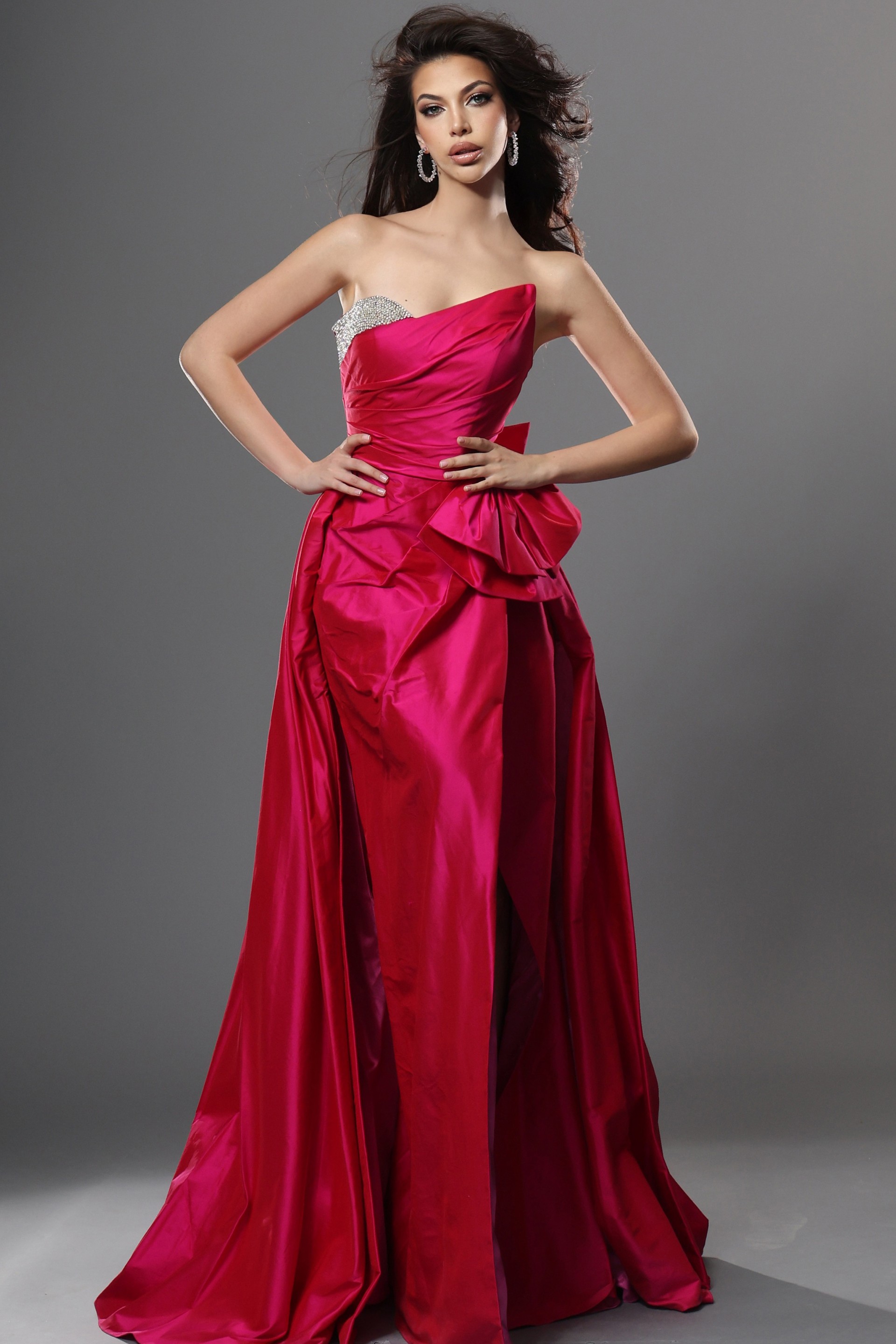 hot pink fit and flare long dress with strapless sweetheart sequin slit bow