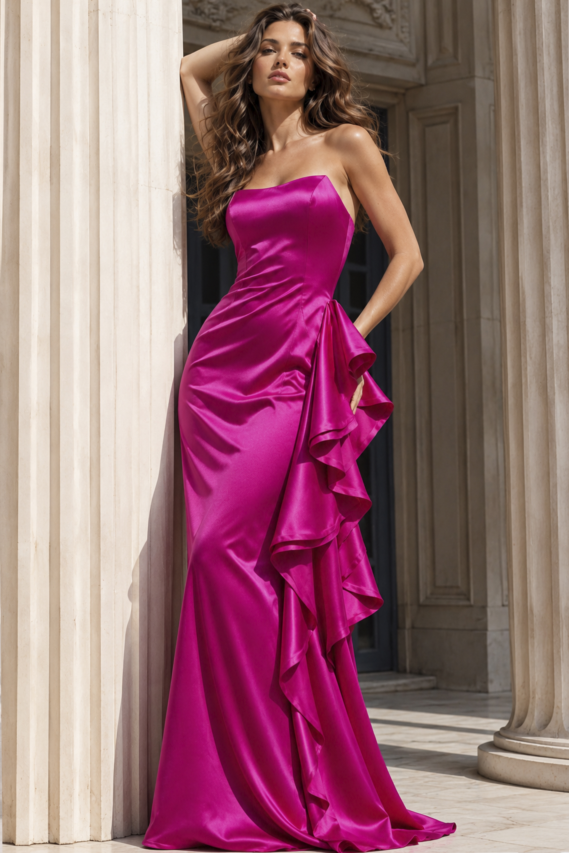 fuchsia strapless dress with side ruffles 47386