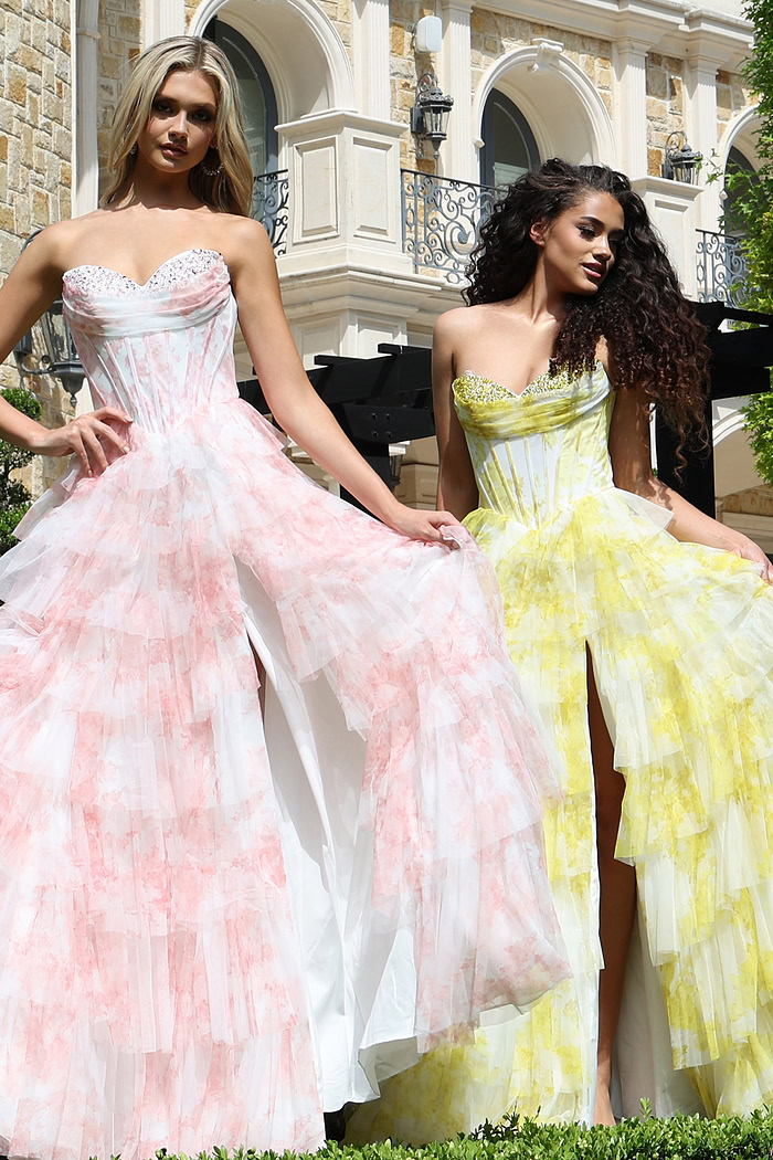 strapless lilac ball gown with beaded bodice - view: two girls front, detail: strapless, ruffled, tiered, high slit