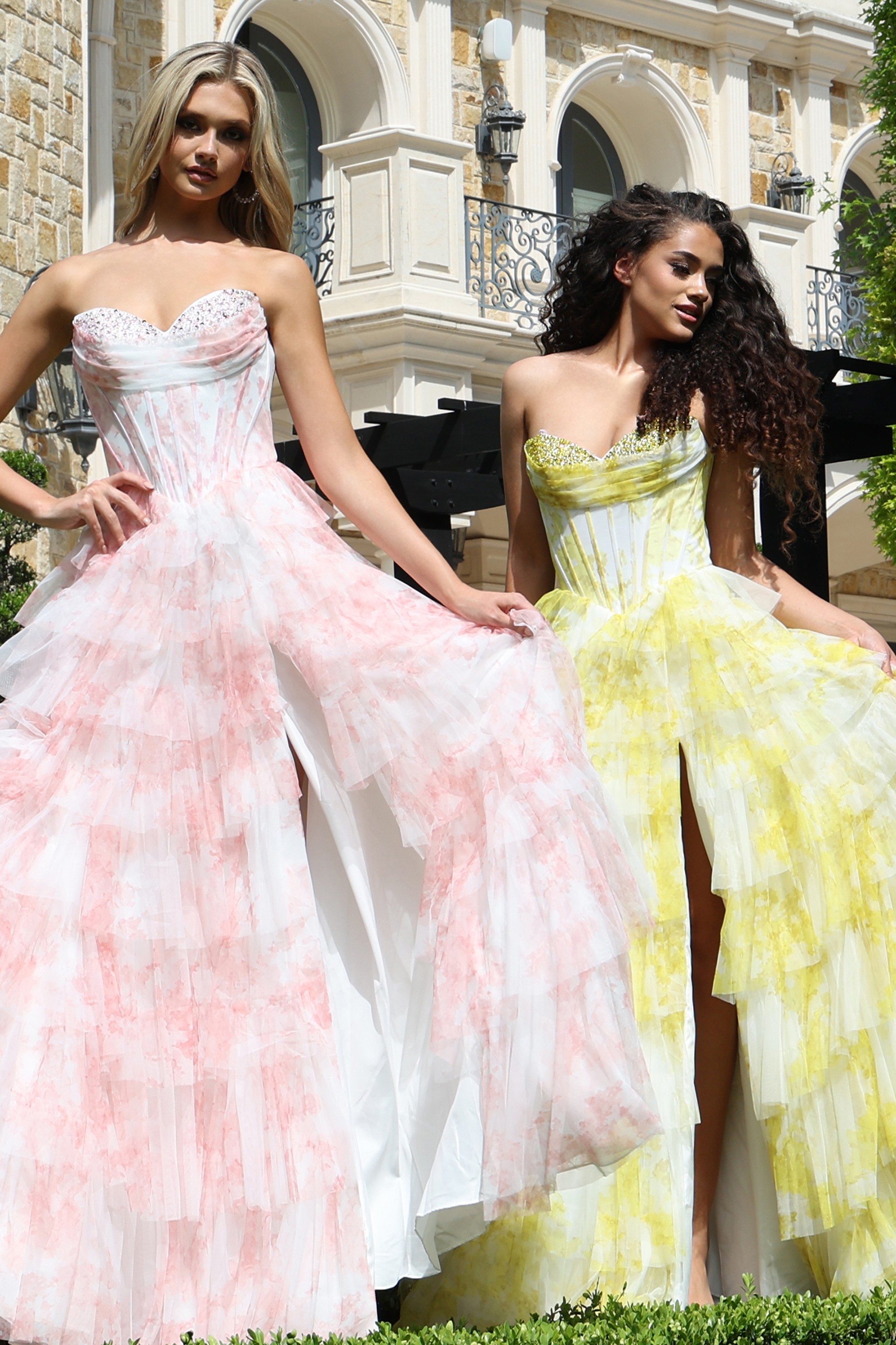 strapless lilac ball gown with beaded bodice - view: two girls front, detail: strapless, ruffled, tiered, high slit