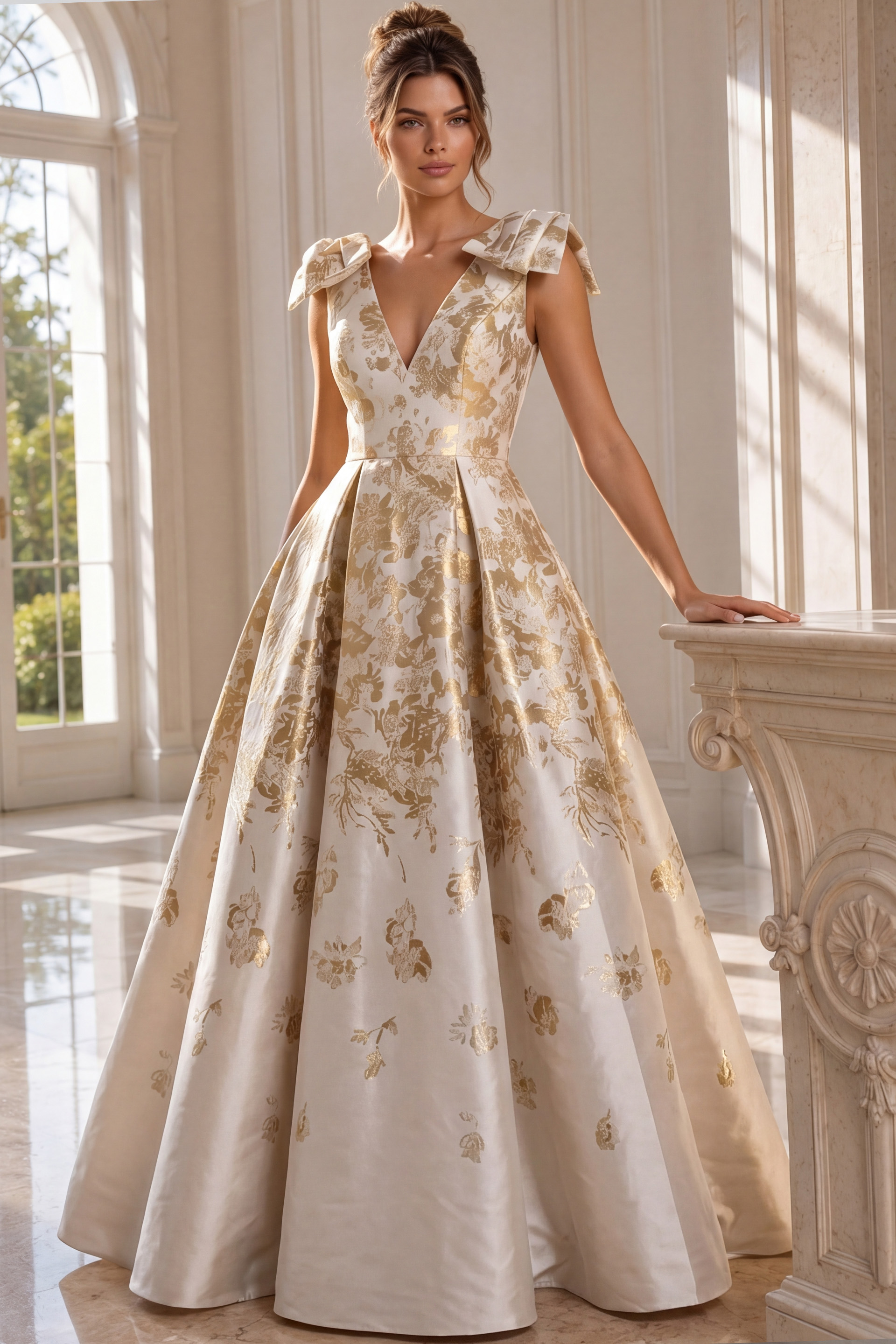 champagne ball gown featuring shimmering gold floral jacquard, a flattering deep V-neckline, statement bow shoulder details, and a full pleated skirt.