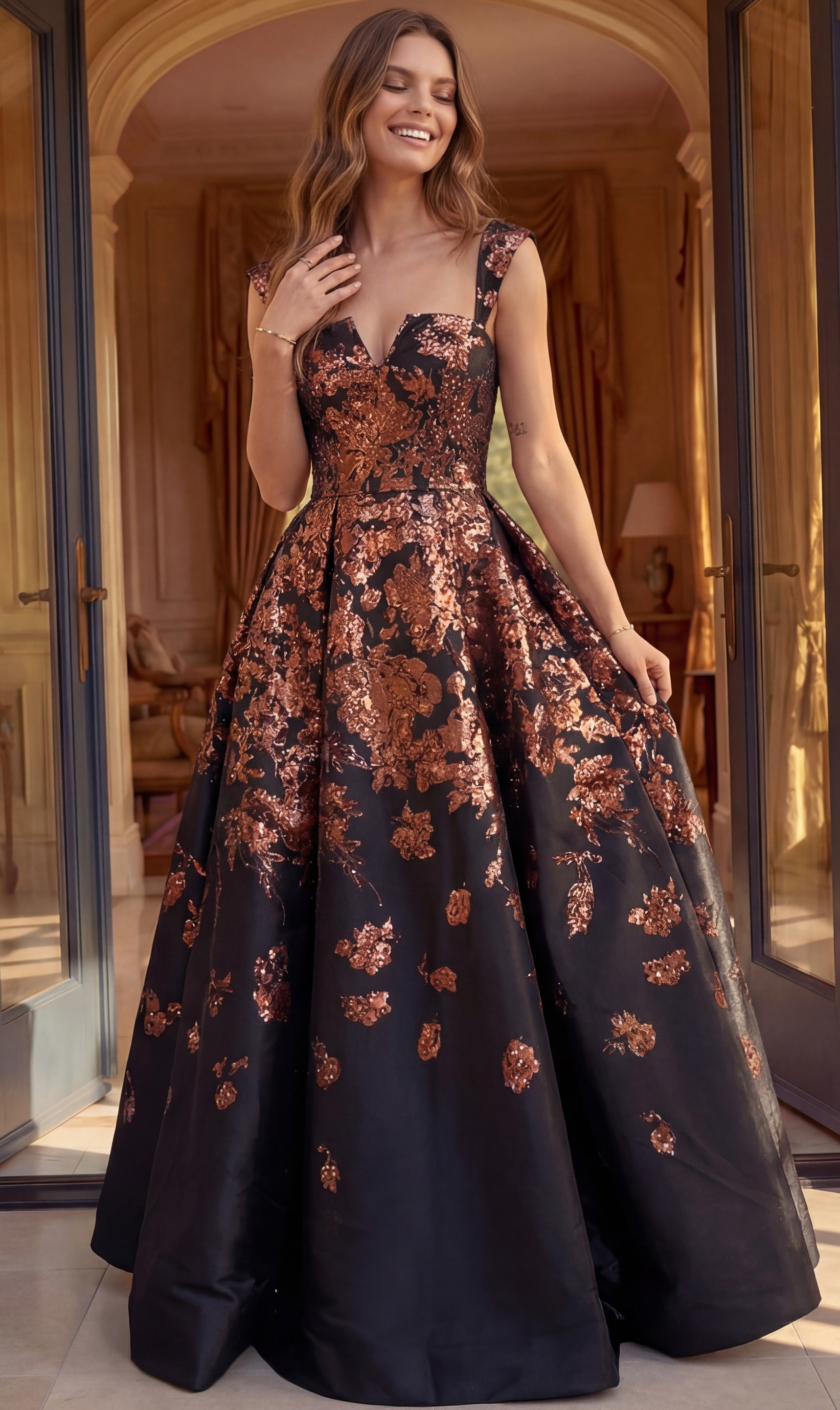 black and copper floral brocade strapless ball gown with sweetheart neckline