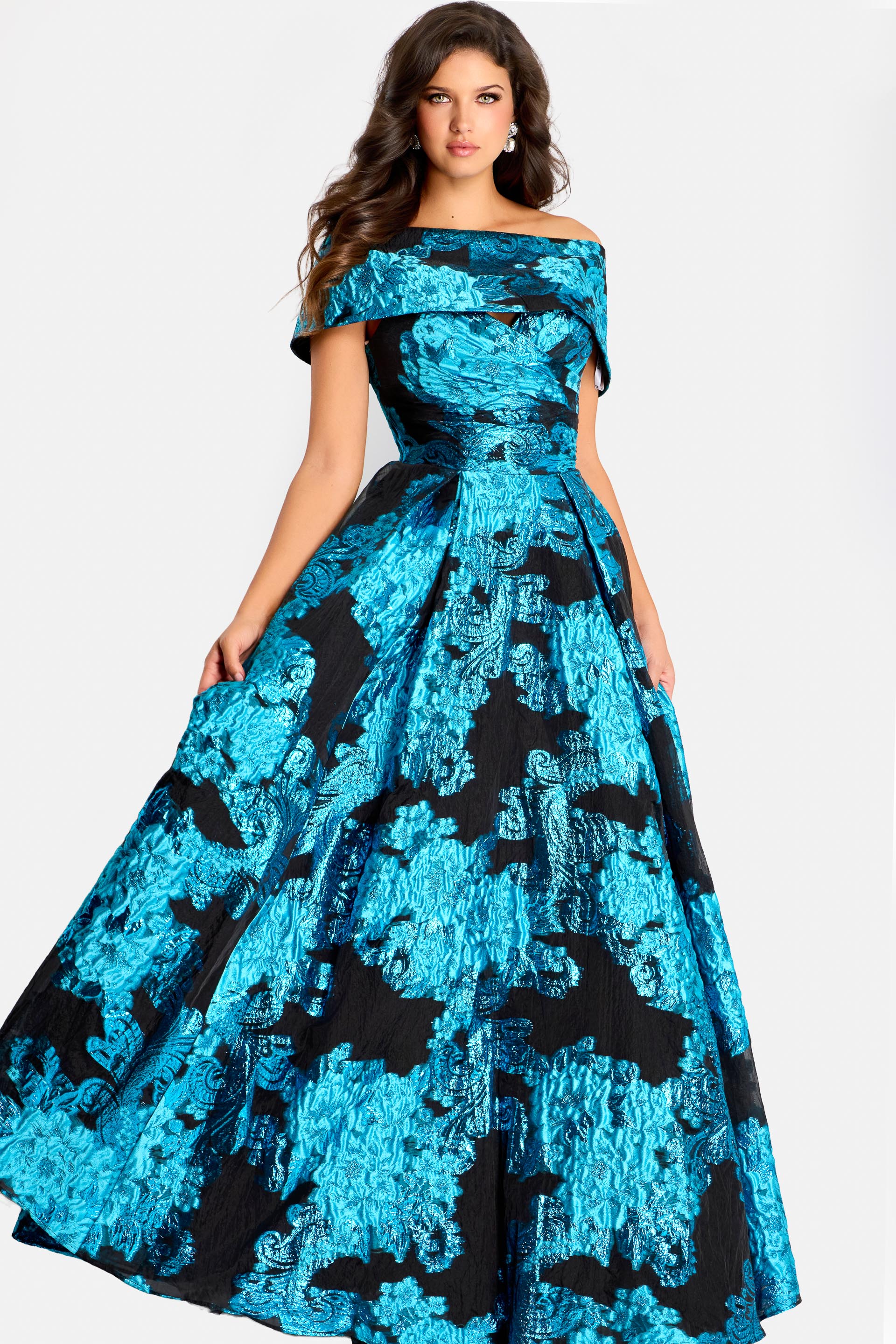 off the shoulder print ball gown 47630