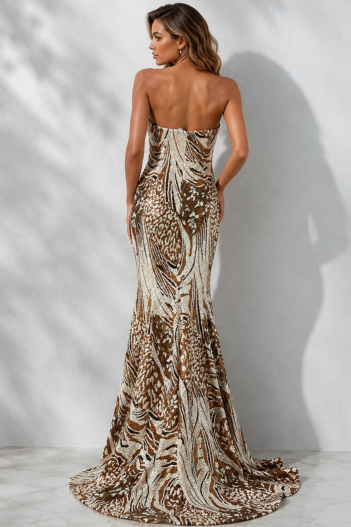 One Shoulder Bronze Beaded Gown 47647