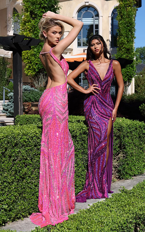 deep v purple sequin gown with side cutouts