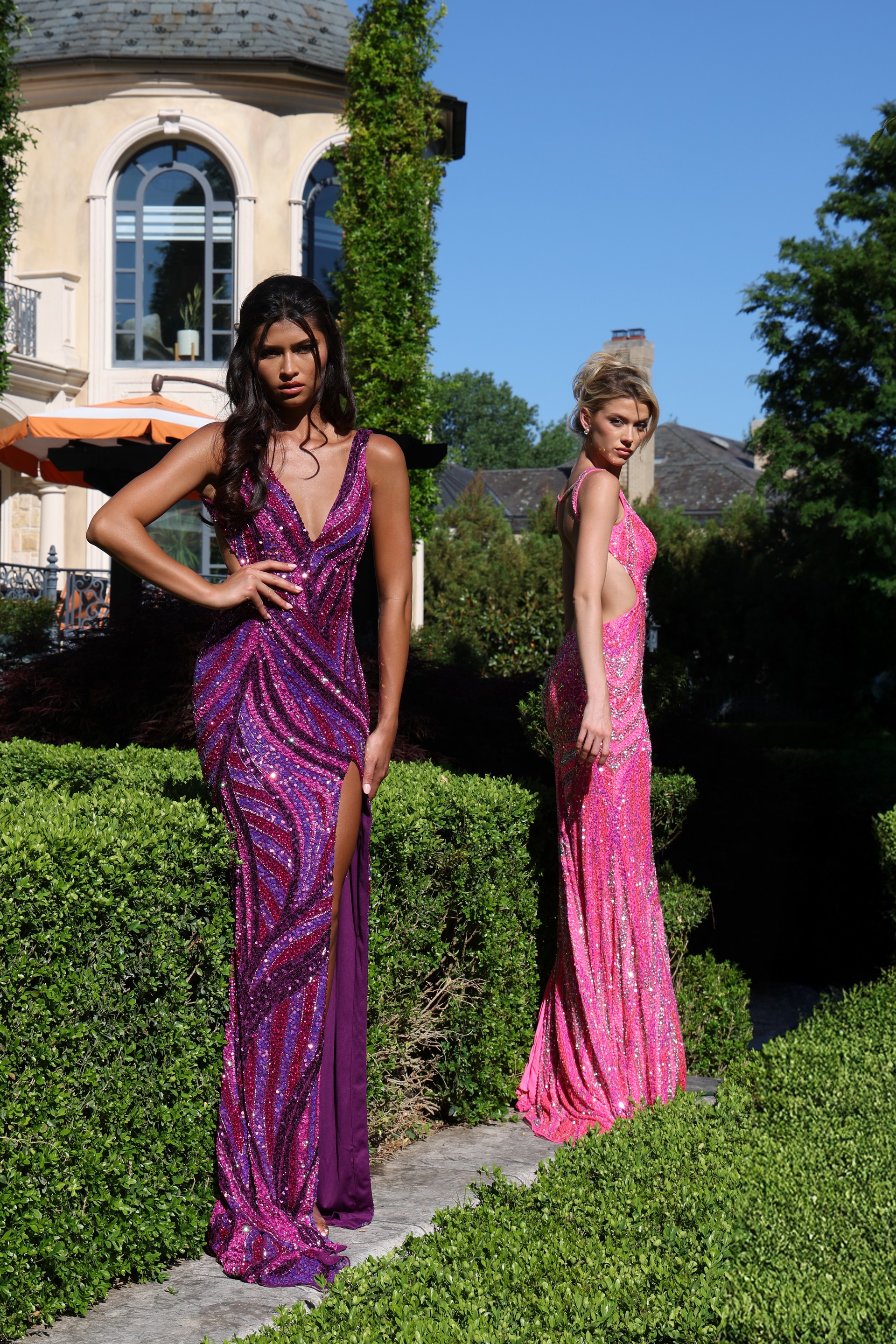 deep v purple sequin gown with side cutouts