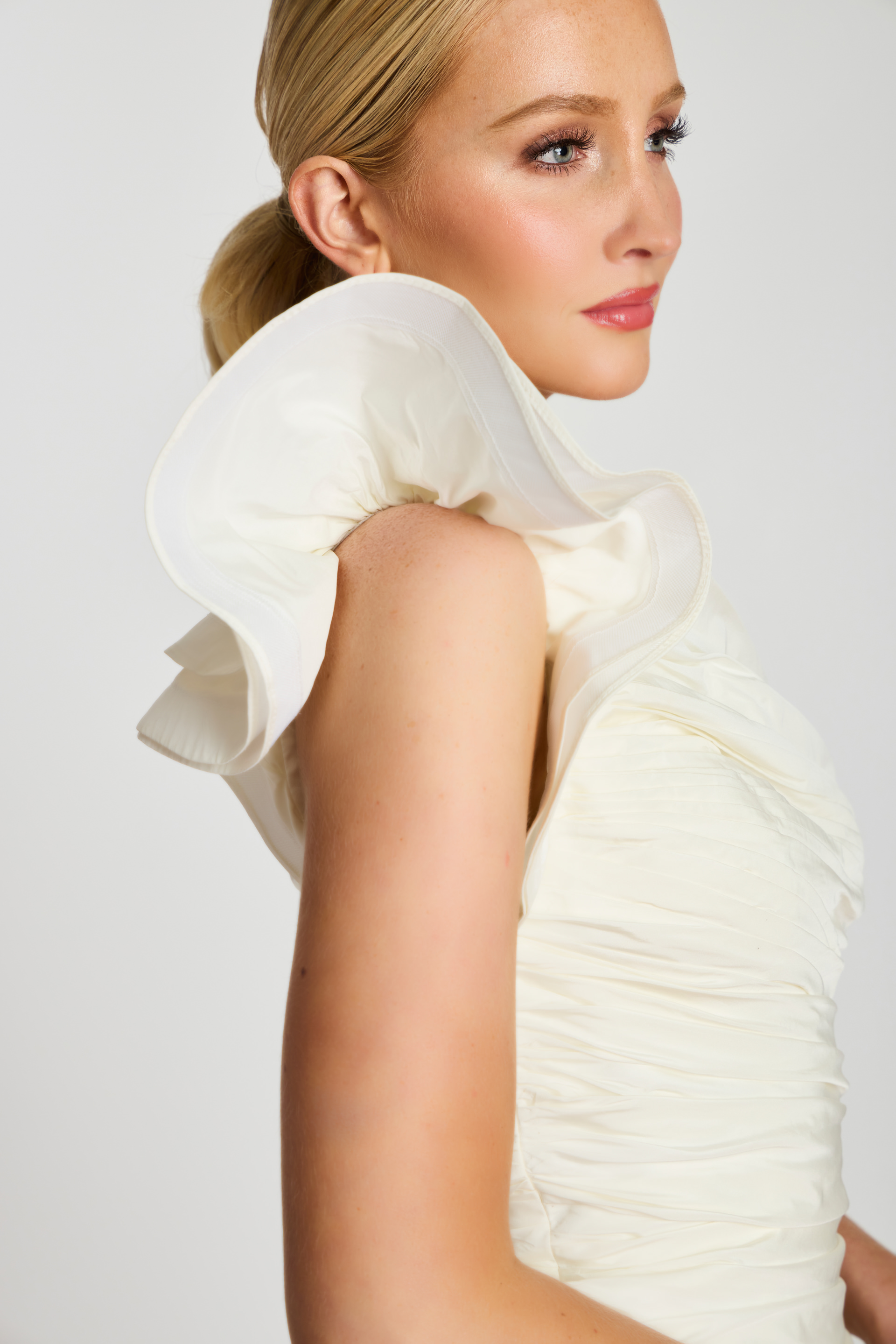 ruched bodice one shoulder knee length dress 47823