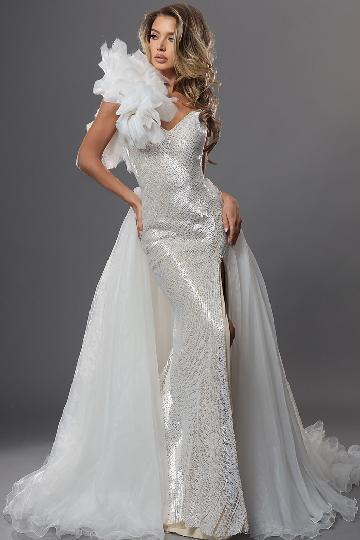 one shoulder gown with oversized floral accent