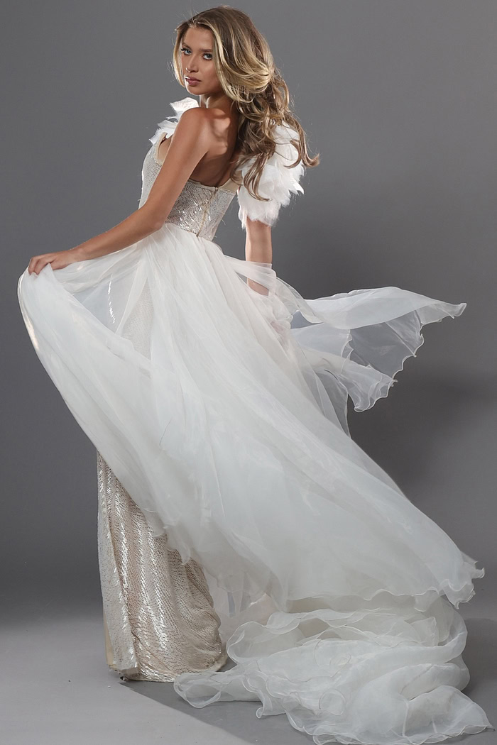 one shoulder gown with oversized floral accent