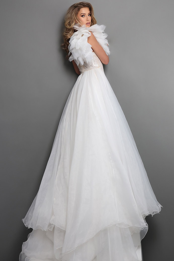 one shoulder gown with oversized floral accent