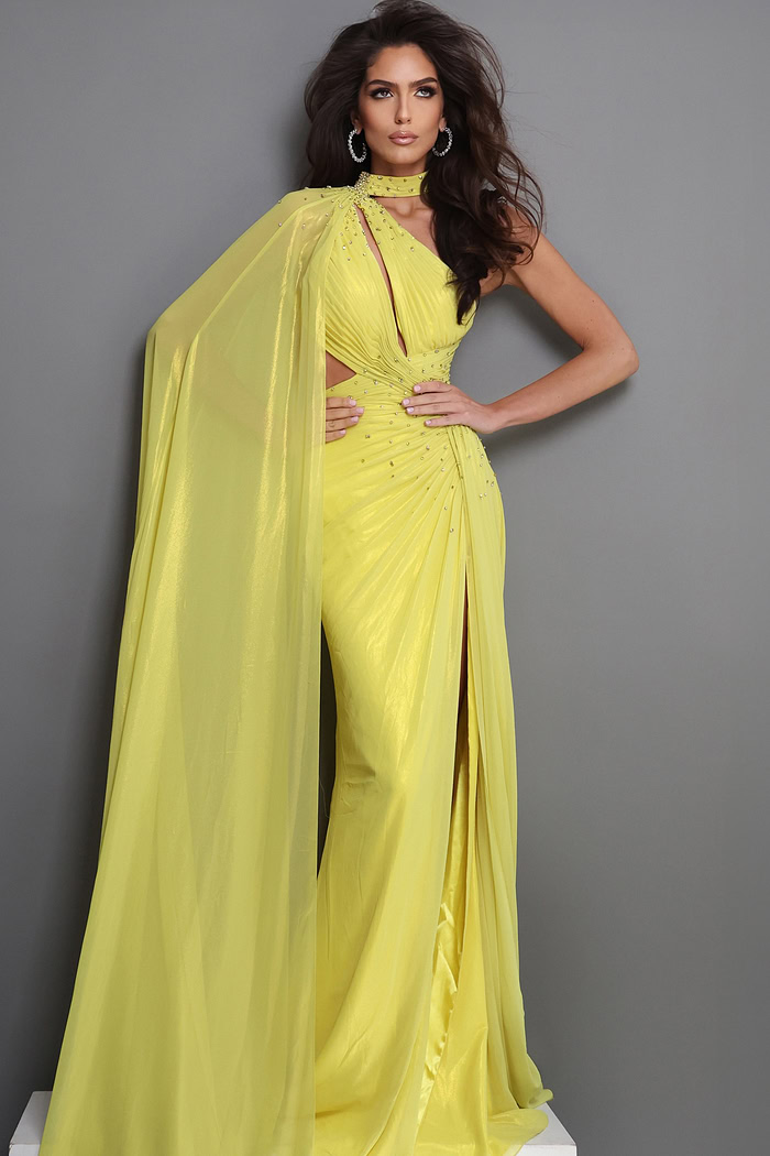 yellow sheath long dress with asymmetric choker cutouts slit cape