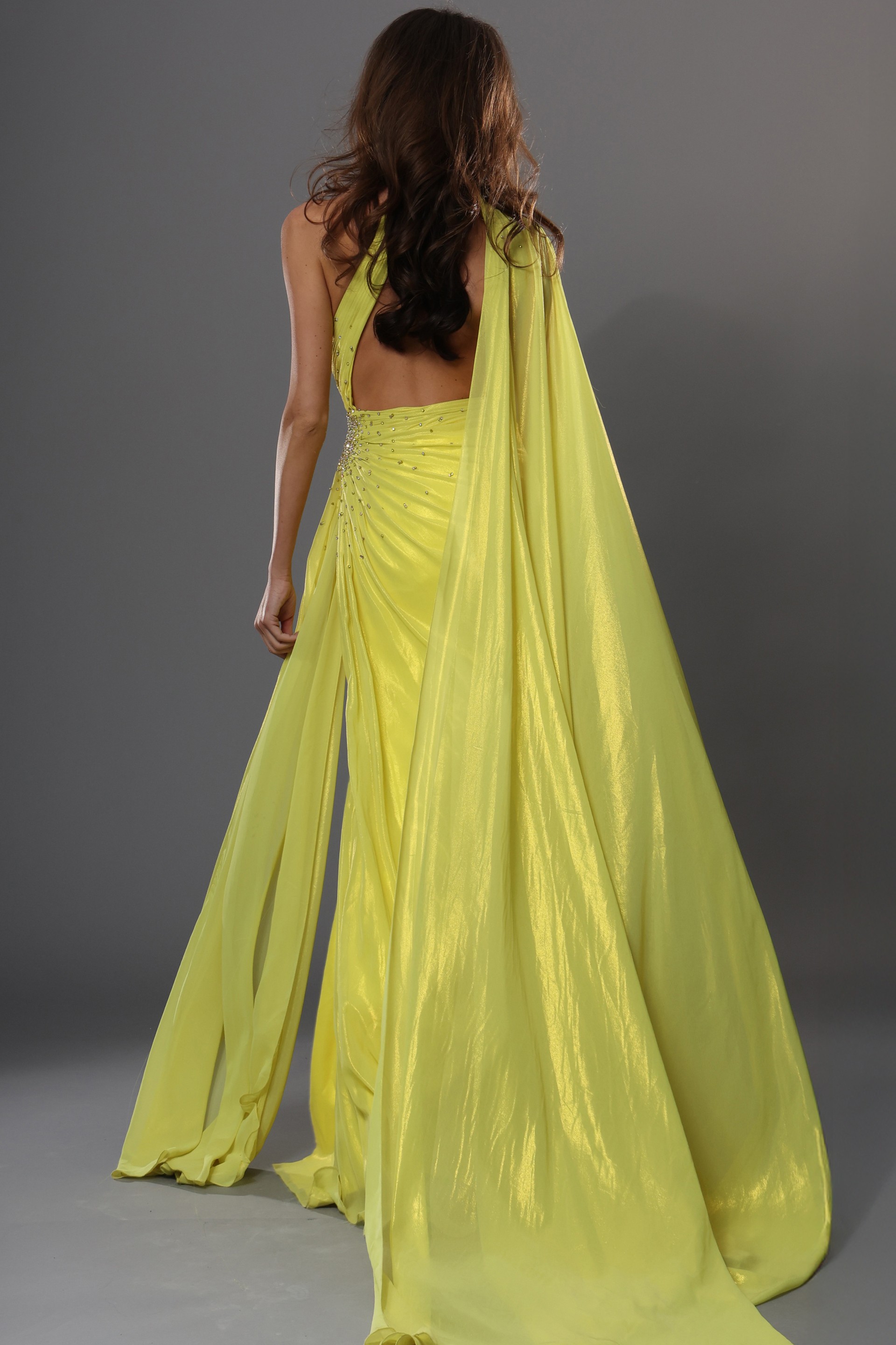 yellow sheath long dress with asymmetric choker cutouts slit cape