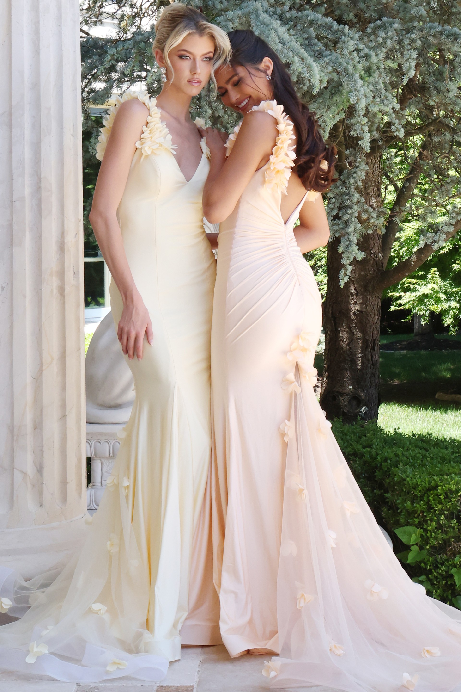 lilac mermaid gown with 3d floral shoulder - two girls front, smiling brunette, floral shoulder straps