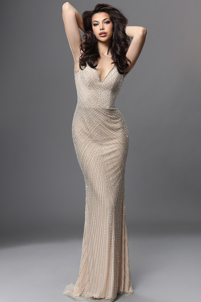champagne beaded off-shoulder mermaid gown