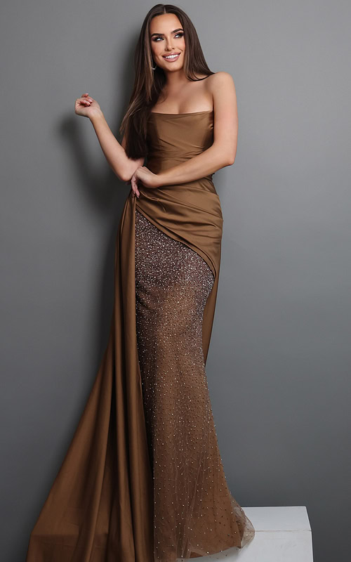 bronze draped sheath long dress with strapless draped overlay beaded skirt