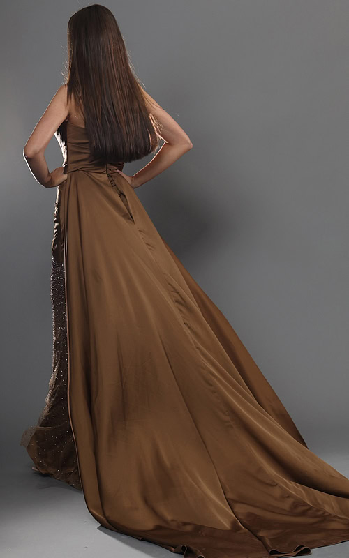 bronze draped sheath long dress with strapless draped overlay beaded skirt