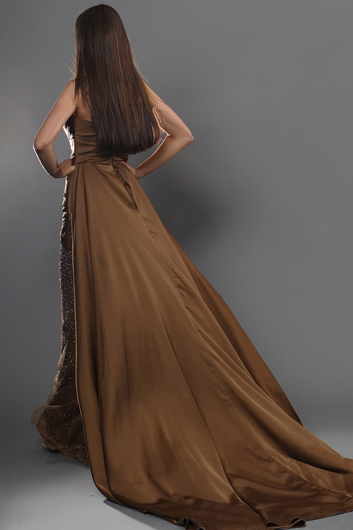 bronze draped sheath long dress with strapless draped overlay beaded skirt