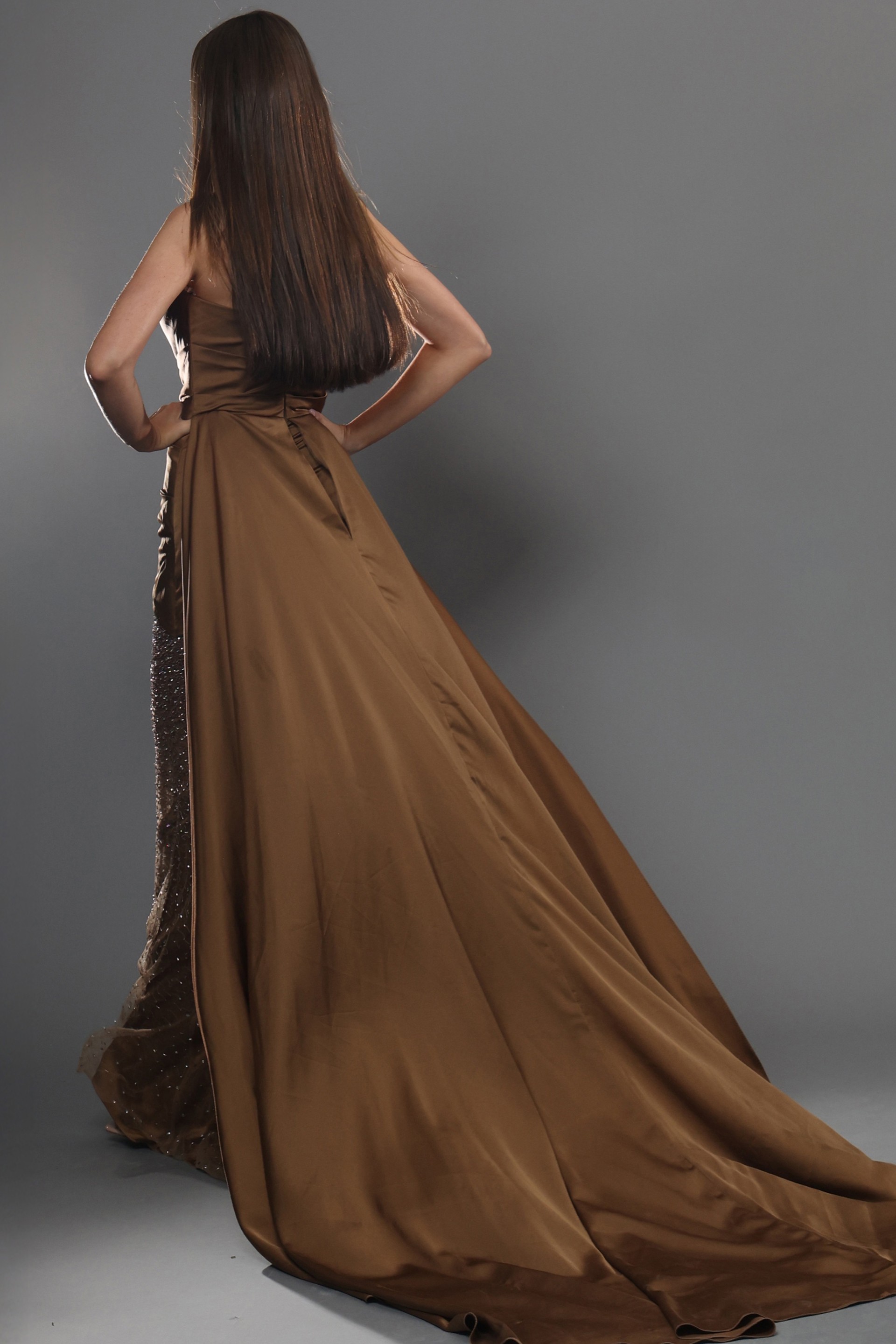bronze draped sheath long dress with strapless draped overlay beaded skirt
