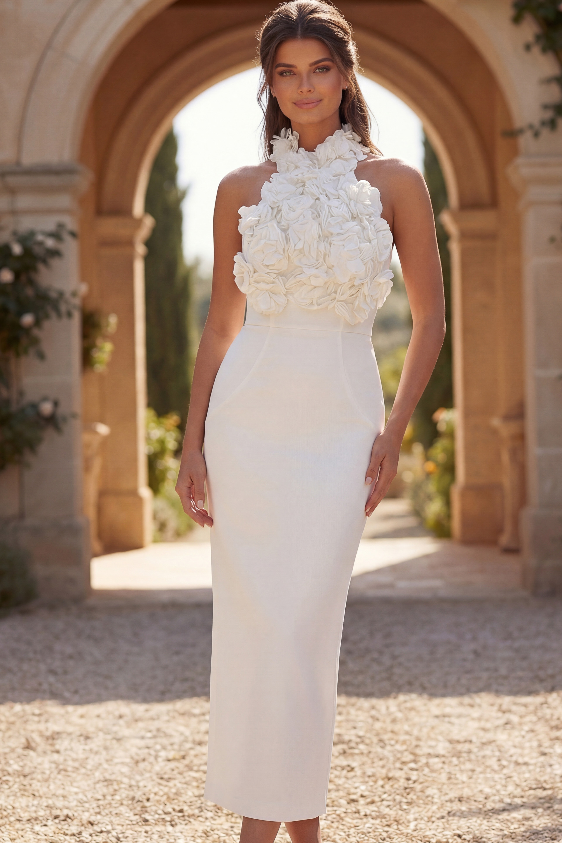 Backless halter midi dress with sleek fitted design