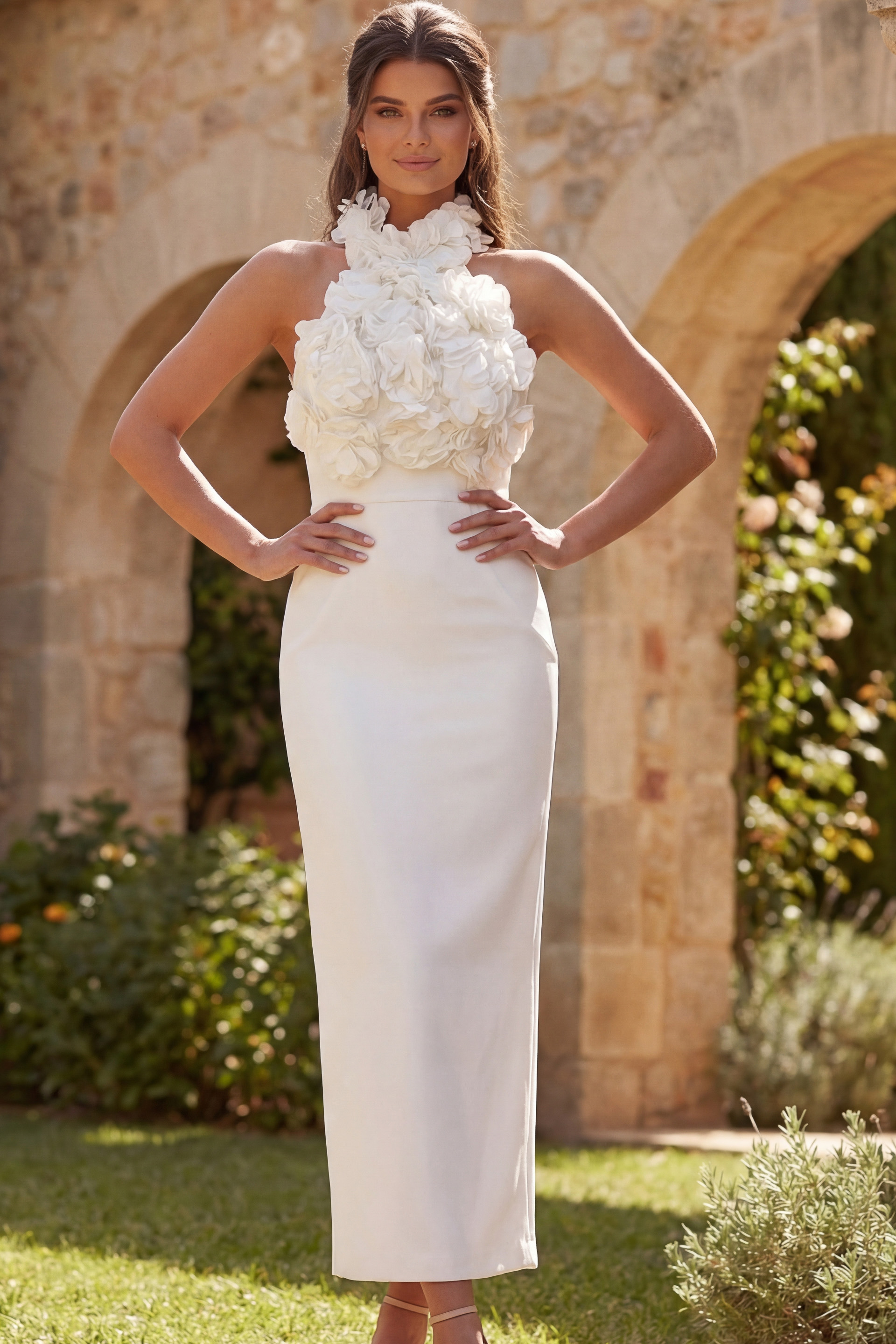 Floral halter neck midi dress with fitted silhouette