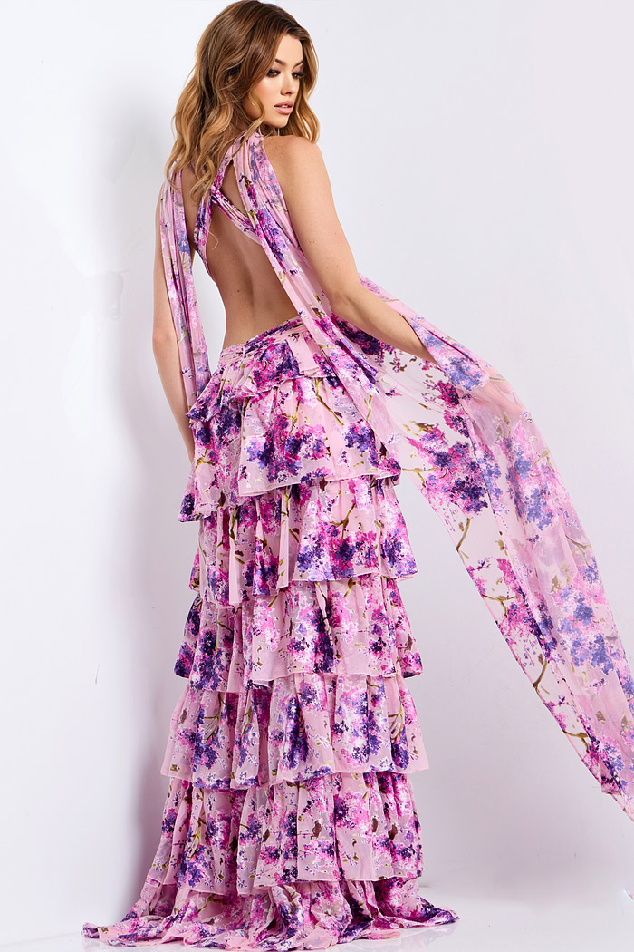 Layered ruffle maxi dress in pink and purple floral 48234