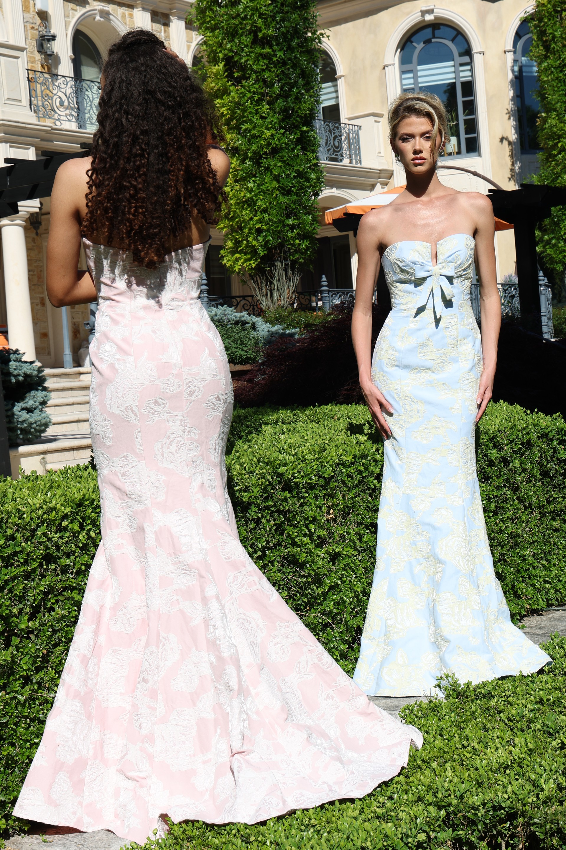 strapless jacquard dress with bow detail