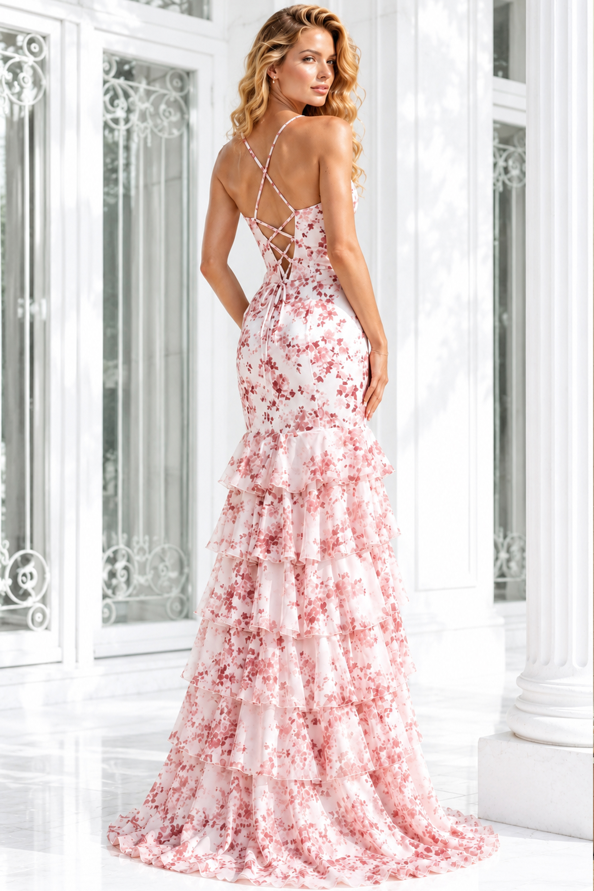 Floral Print Mermaid Gown with Lace-Up Back 48332 - Image 5