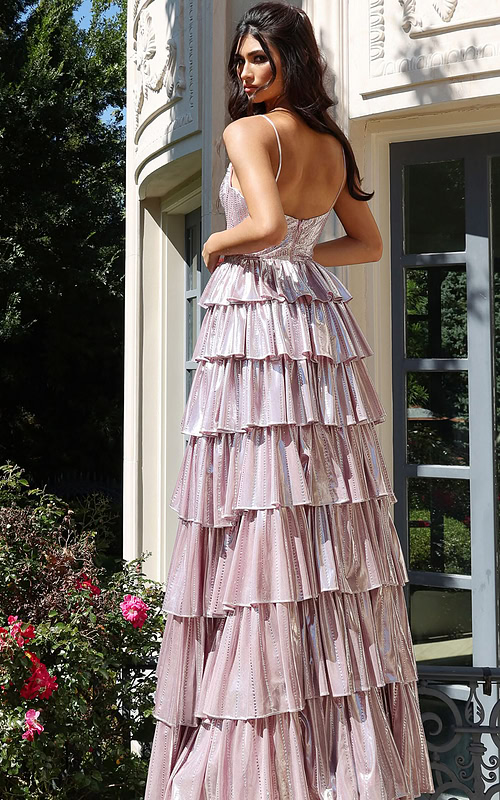 Shimmering layered metallic dress with open back and flowing silhouette