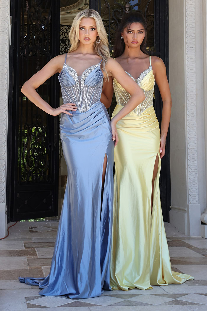 beaded corset dress with satin skirt - two girls front, blonde brunette serious ornate door
