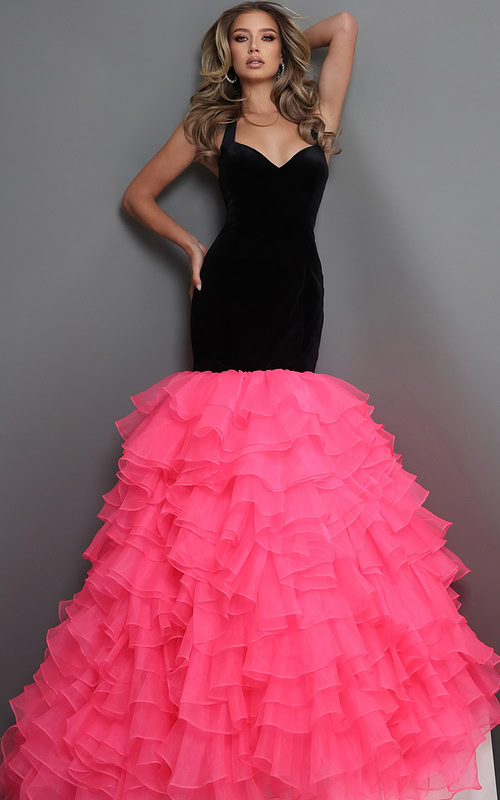 black fuschia mermaid long dress with velvet halter sweetheart ruffled skirt