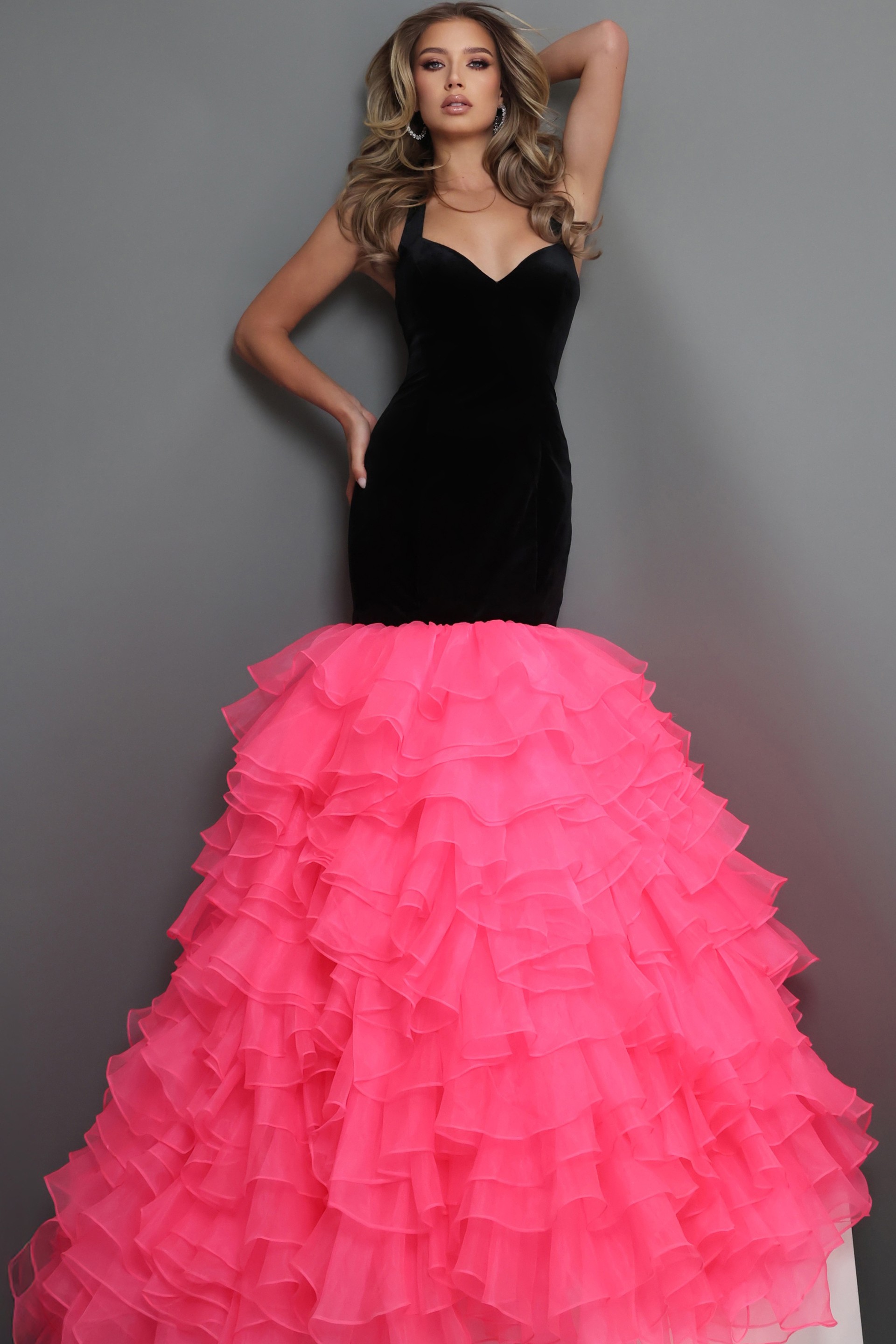 black fuschia mermaid long dress with velvet halter sweetheart ruffled skirt