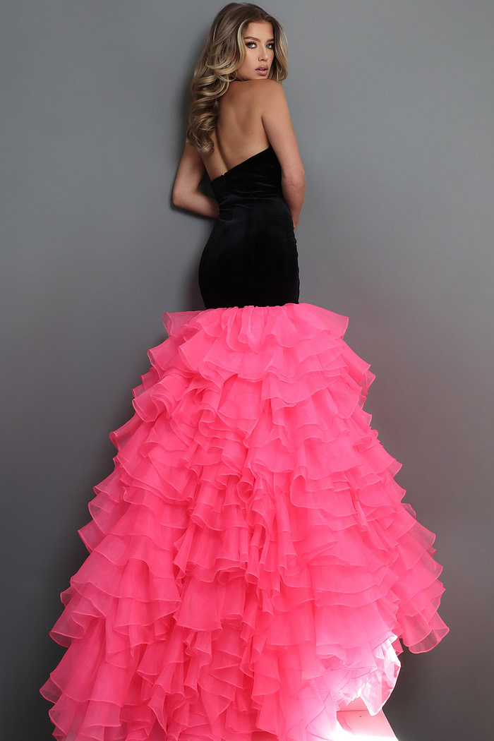 black fuschia mermaid long dress with velvet halter sweetheart ruffled skirt