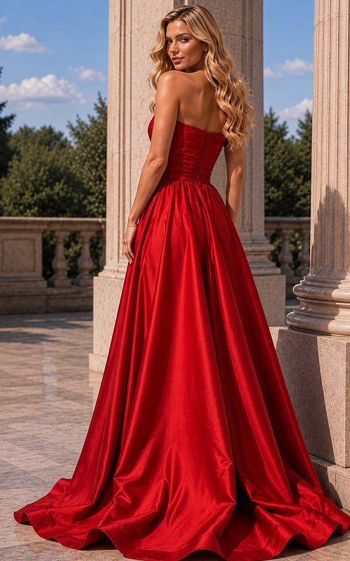 Scarlet evening dress with floral accents and thigh-high slit.