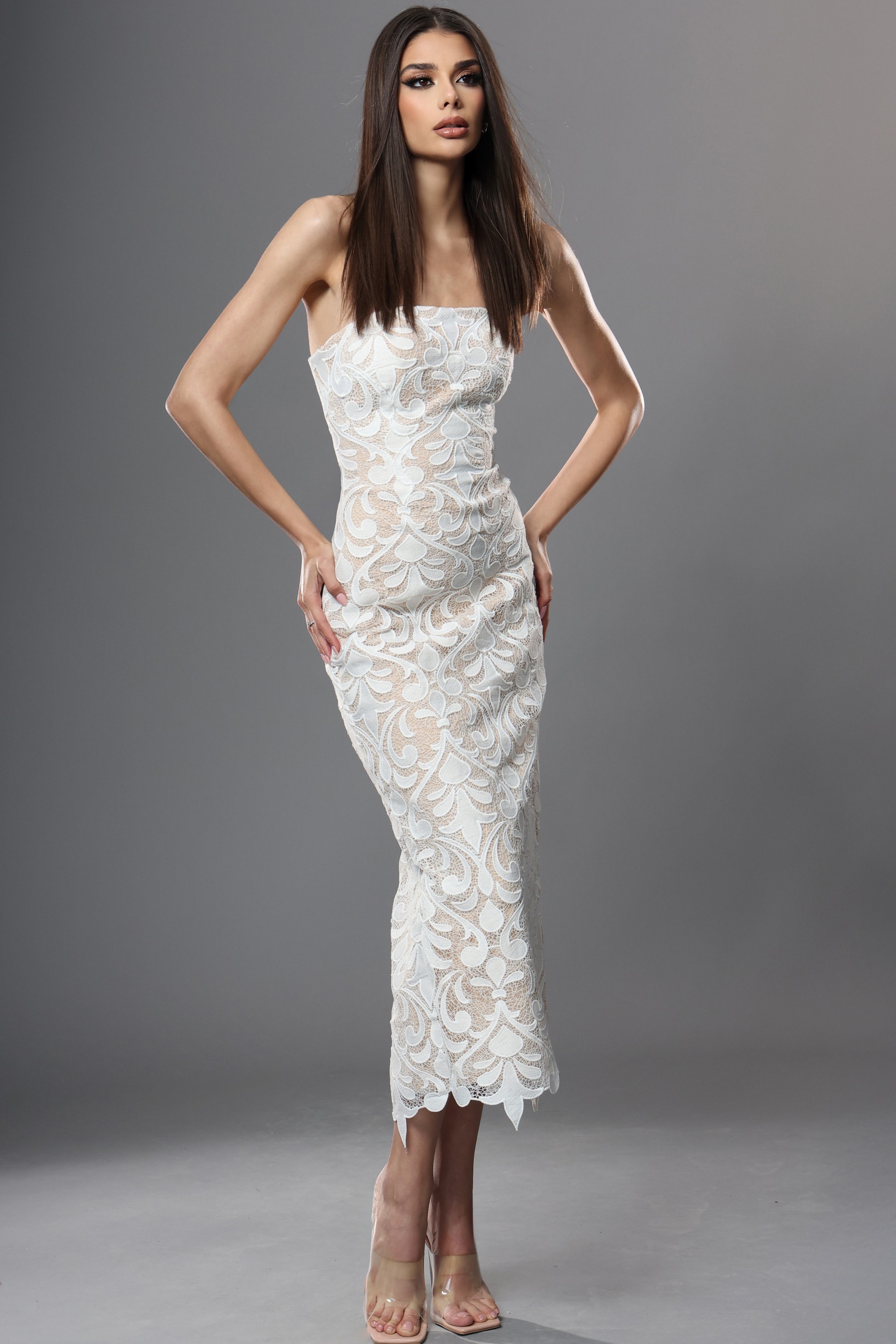 strapless lace midi dress with fitted silhouette